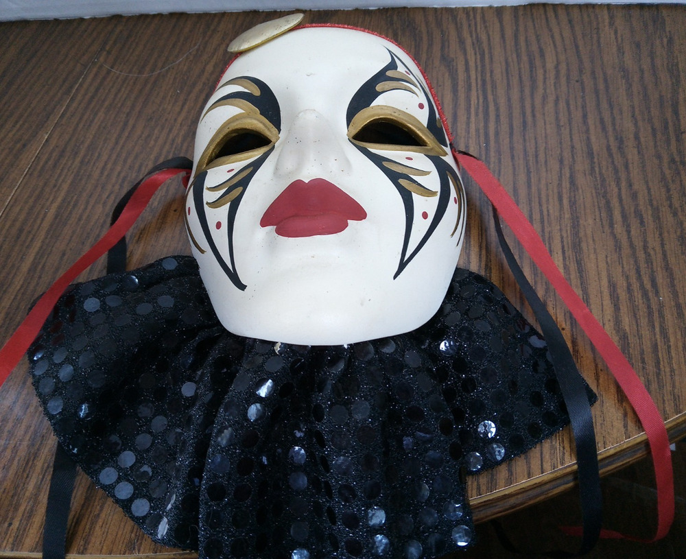 Red White Gold And Black Ceramic Female Clown Mask